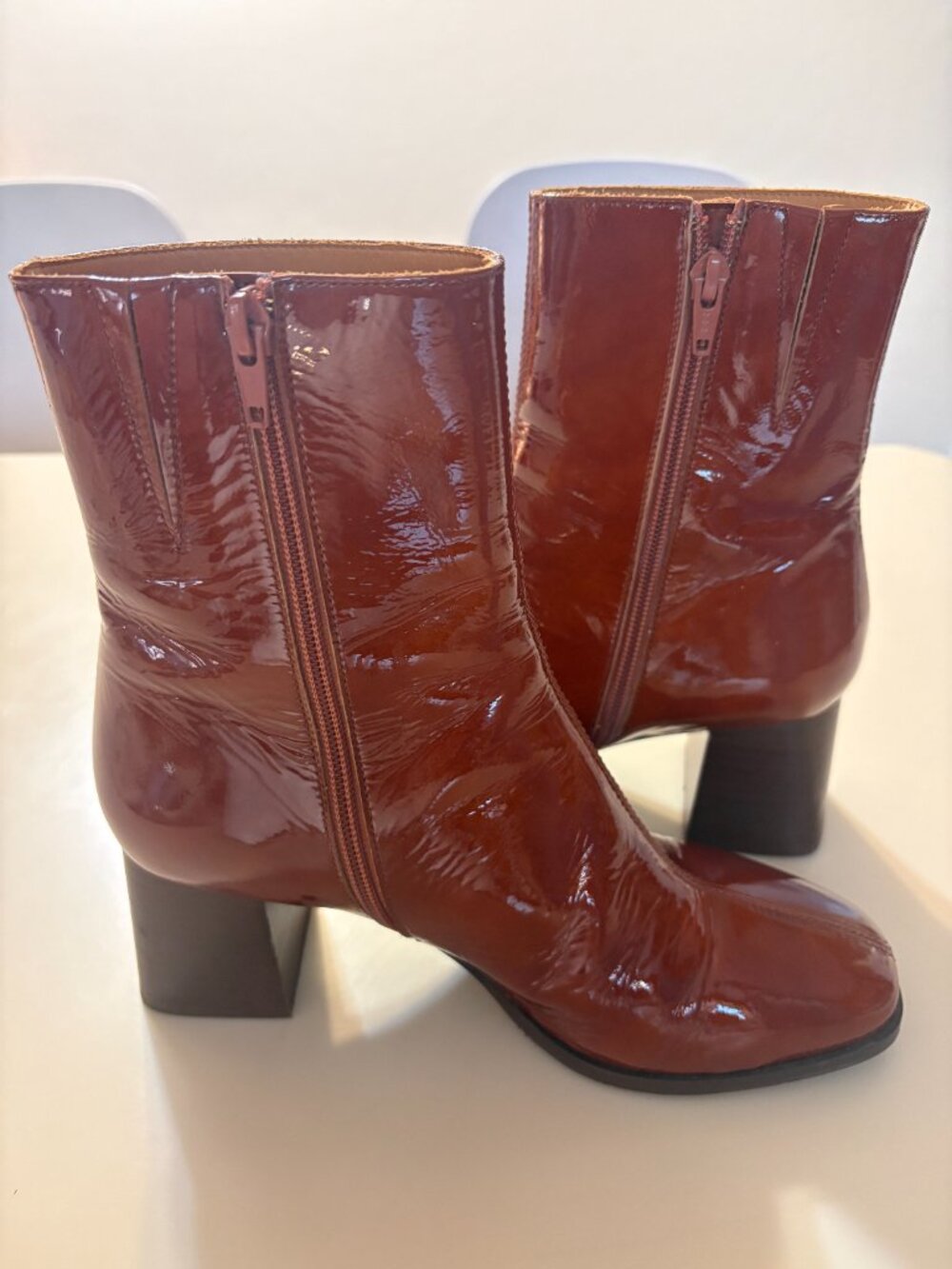 Sezane Axelle Patent Leather Brown Block Heel Ankle Boots